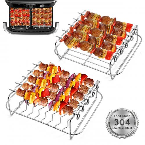 >2 pcs 304 Stainless Steel Air Fryer Rack for 11 QT Ninja Foodi AD350CO 7-in-1 Dualzone flexbasket XL FlexBasket Air Fryer, with 10 Skewers, 7.8x6.3x2.5 inch